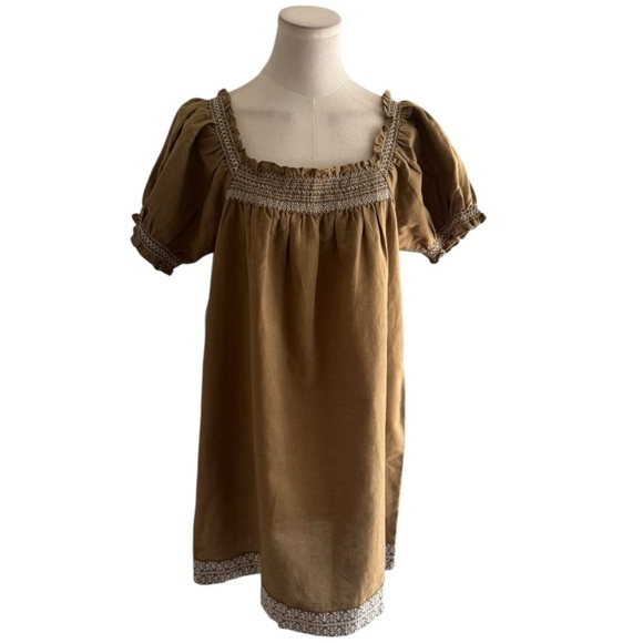 AMOUR VERT Smocked Embroidery Mini Dress Elm Green White Size M Sundress Sun - Picture 4 of 12